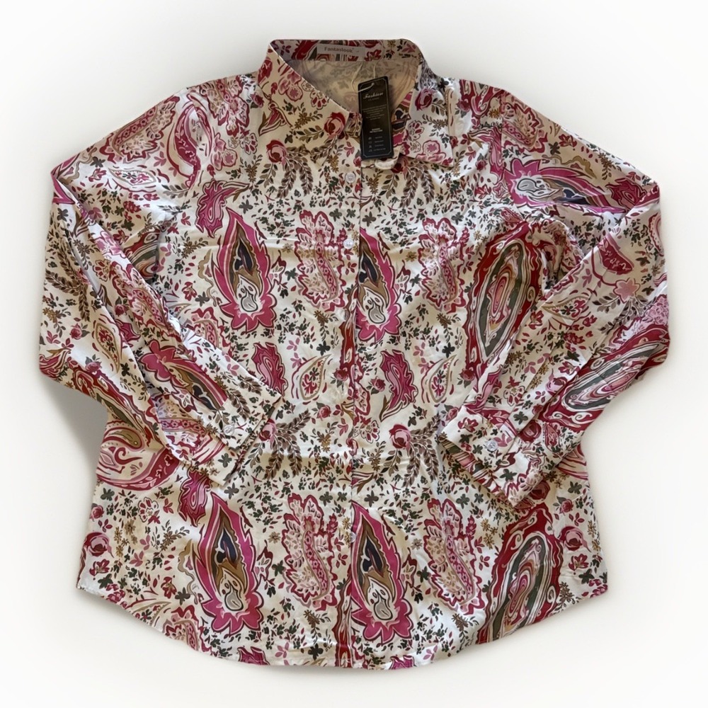 Fantaslook Womens Paisley Floral Button Down Shirt Pink Burgundy Size L NWT